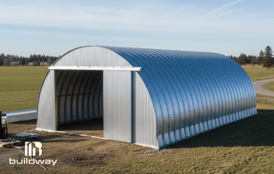 Modern Quonset-style steel building by Buildway, featuring a curved corrugated metal roof and sliding door, situated on open farmland under a clear sky