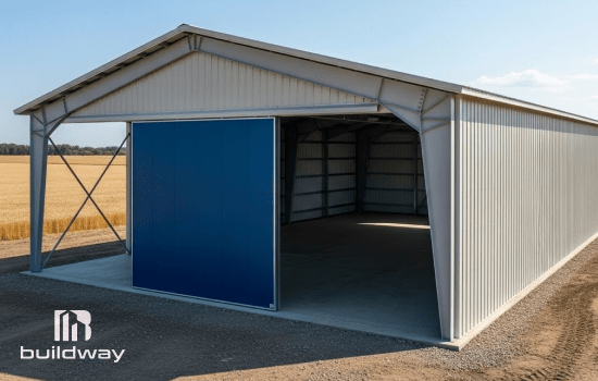 Light gray cold-formed steel (CFS) building by Buildway with a gable roof and large blue sliding door, situated on a concrete foundation in an open field.