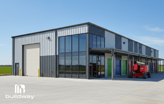 Modern I-beam steel structure by Buildway featuring a combination of glass panels and metal cladding, large bay doors, and a red lift parked in front on a concrete lot under a clear sky.