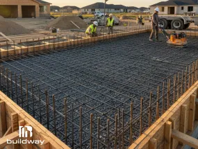 Construction workers installing rebar for a reinforced concrete foundation, part of Buildway’s CFS prefab foundation system.
