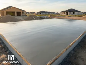 Freshly poured concrete foundation slab for a Quonset building by Buildway, surrounded by residential construction sites and compacted gravel base.