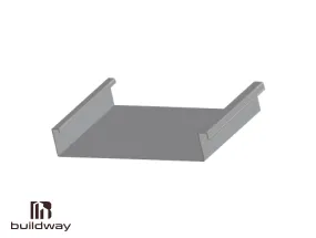 Angled view of an I-beam soffit panel with folded edges, engineered for ventilation and protection beneath metal roofing systems.