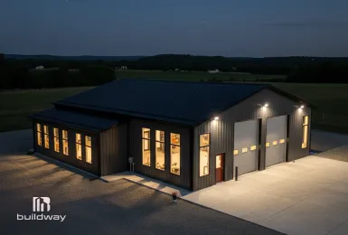 Modern multi-purpose steel building illuminated at night, designed for flexibility, durability, and future expansion to accommodate storage and workshop needs.