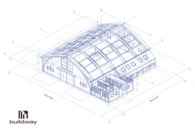 Blueprint design of the Buildway riding arena, showing detailed structural layout and dimensions for a spacious, weather-resistant equestrian facility.