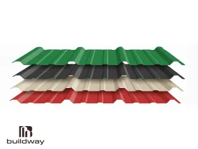 Stack of colorful corrugated steel wall liner panels in green, black, beige, and red, used for cold-formed steel (CFS) building walls by Buildway.