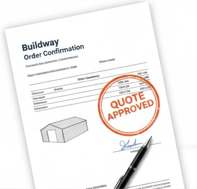 Buildway order confirmation document stamped with “Quote Approved,” representing the step where customers finalize and approve their steel building quote.