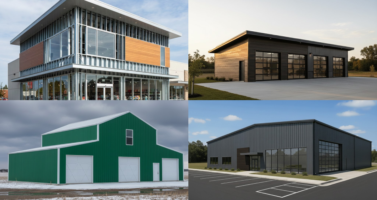 Examples of completed steel buildings showing different applications of Cold-Formed vs I-Beam vs Quonset construction styles.