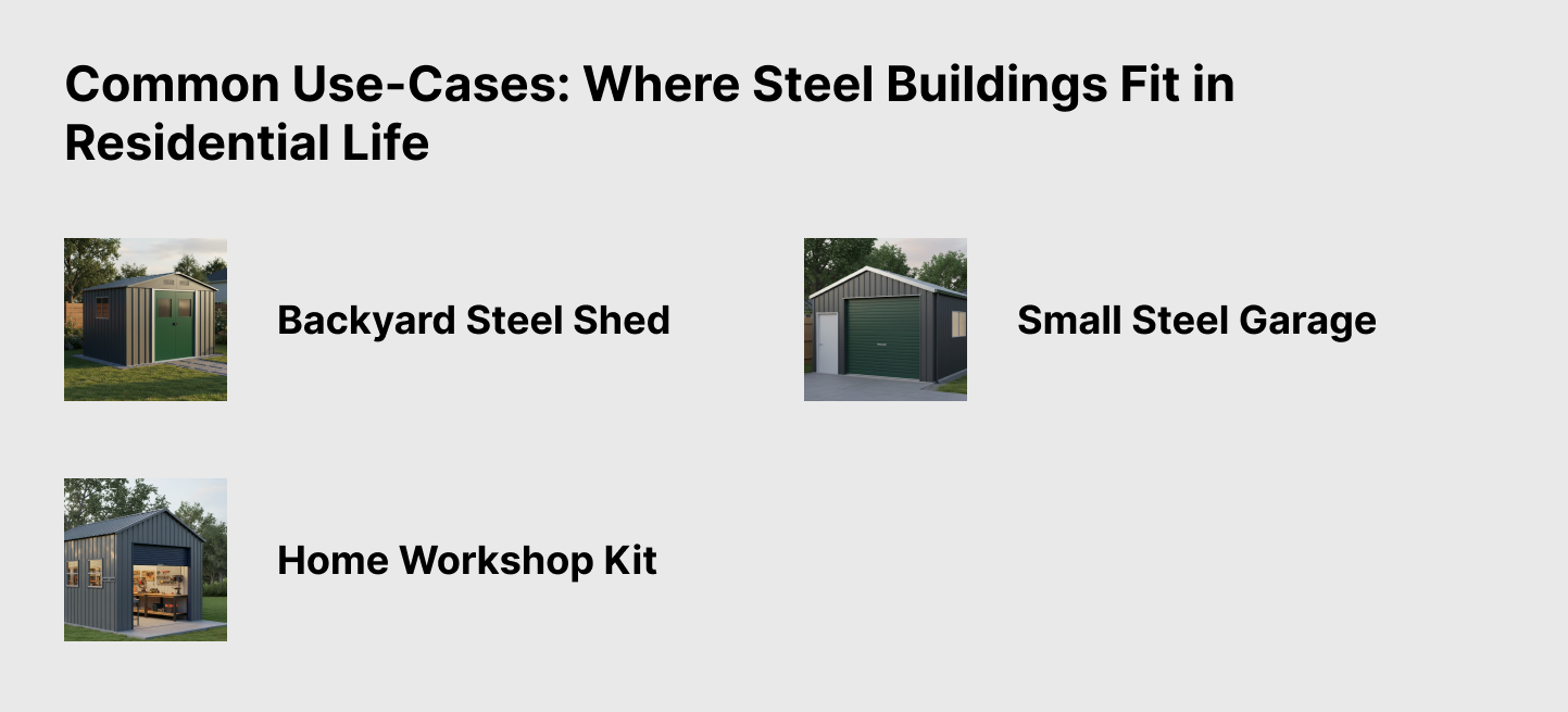 Image showing common residential steel building uses including a backyard steel shed, small steel garage, and home workshop kit for modern homeowners
