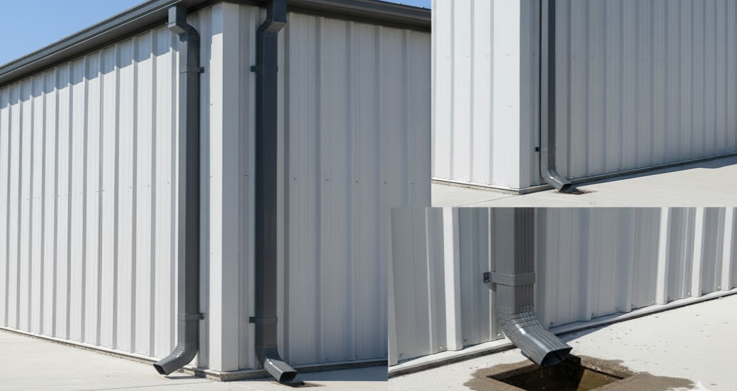 Metal building exterior with installed gutters and downspouts, showcasing steel building accessories designed for proper drainage and water management.