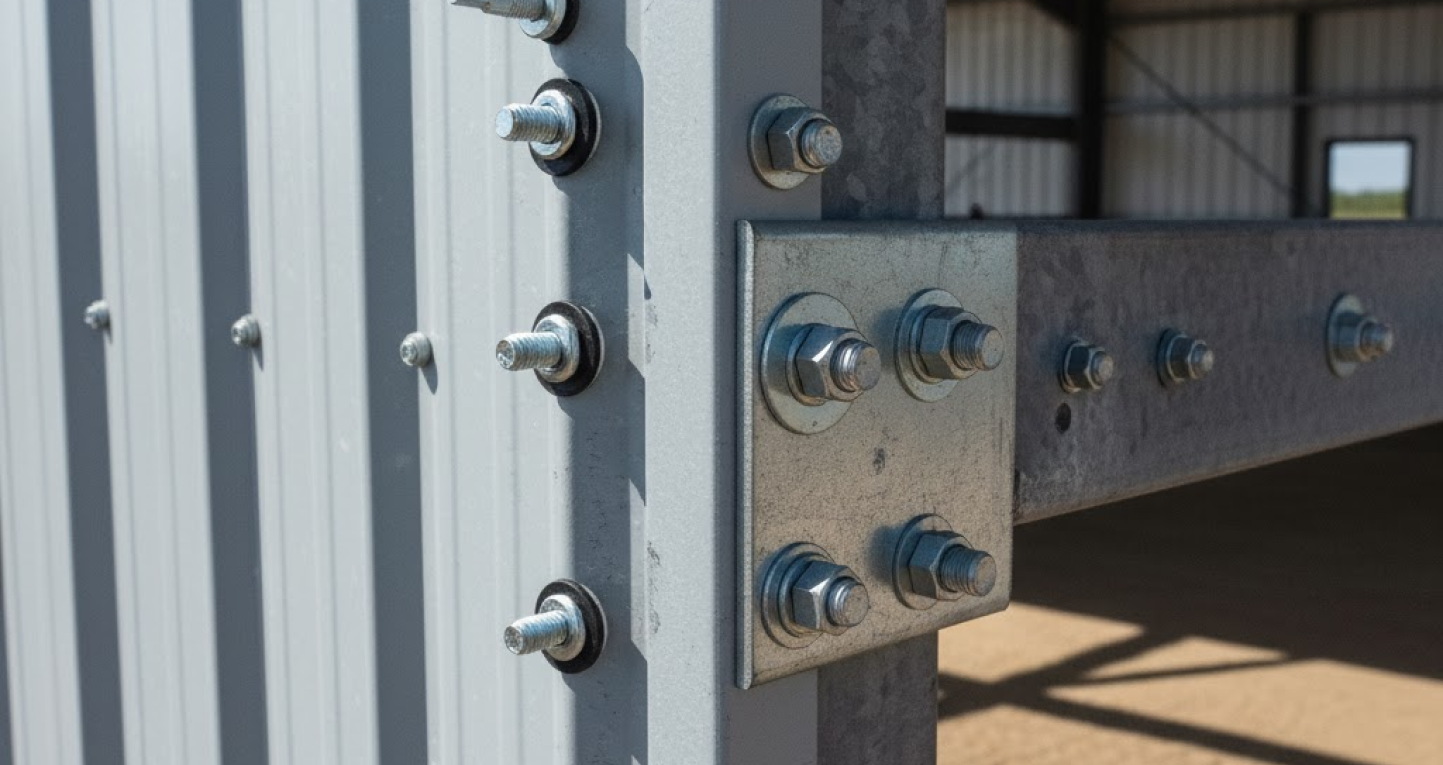 Close-up view of steel building hardware, showing heavy-duty bolts, fasteners, and connection plates securing wall panels to the structural frame.