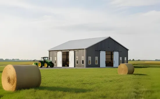 A large agricultural steel building on open farmland with hay bales and a tractor nearby, showing how agricultural steel buildings provide durable storage for farm equipment.