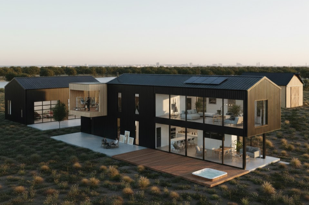 Modern steel-framed home with large glass walls, solar panels, and connected workspaces set in an open landscape.