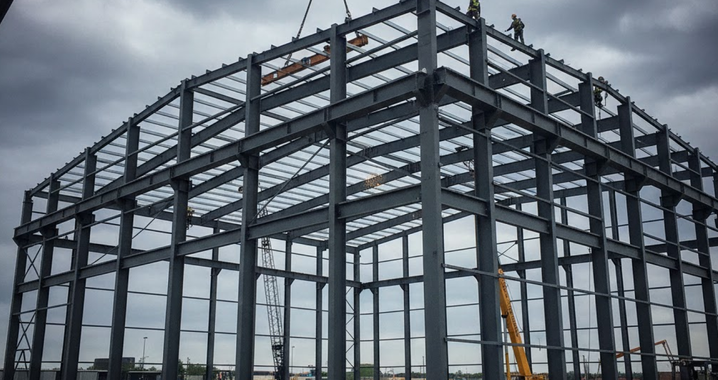 I-beam rigid frame steel building being erected with heavy structural beams and cranes on-site.