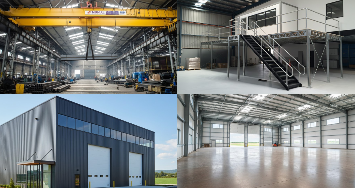 I-beam steel building uses shown in industrial interiors, mezzanines, commercial exteriors, and wide-span warehouse spaces.