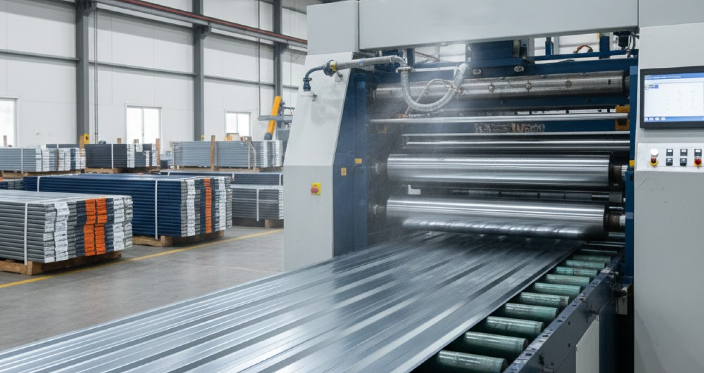 Steel building panels being fabricated in a manufacturing facility, showing automated roll-forming equipment and stacked metal components ready for shipment.