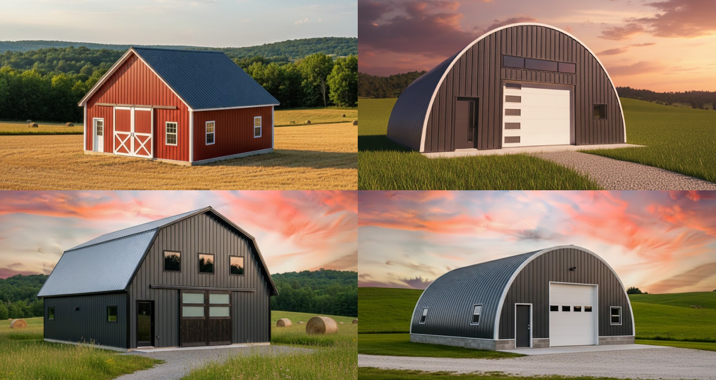 A collage of four rural structures showcasing Steel Building Design Ideas, featuring classic red barn-style buildings, modern arched metal barns, and contemporary steel gambrel designs set against open fields and sunset skies.