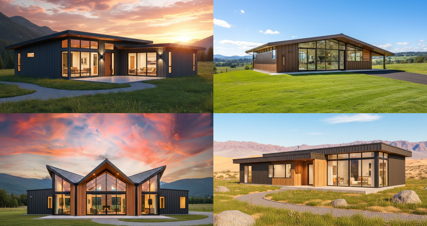 A collage of modern residential structures showcasing Steel Building Design Ideas, featuring minimalist steel homes with large windows, contemporary rooflines, and mixed metal-and-wood exteriors set in open rural and desert landscapes.