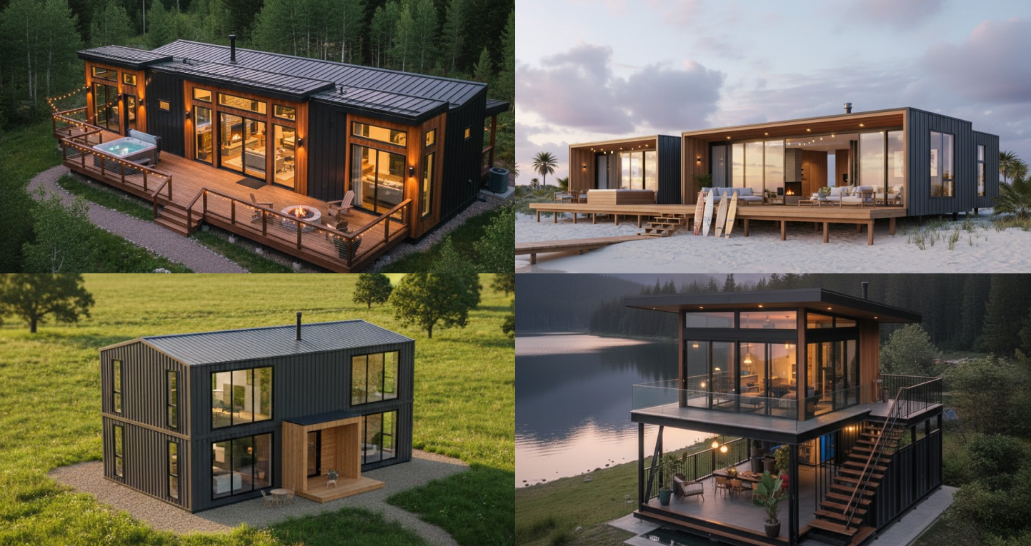 A collage of modern residential structures showcasing Steel Building Design Ideas, featuring steel-framed homes with expansive glass walls, wood-accented exteriors, wraparound decks, and elevated designs set in forest, beach, and lakeside landscapes.