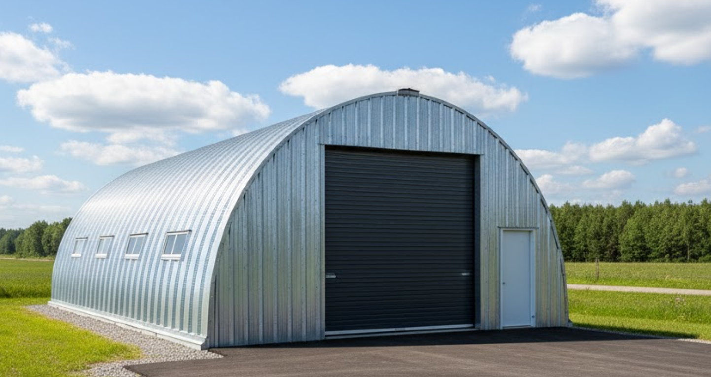 Quonset hut steel building with arched galvanized panels and a large roll-up door in a rural setting.
