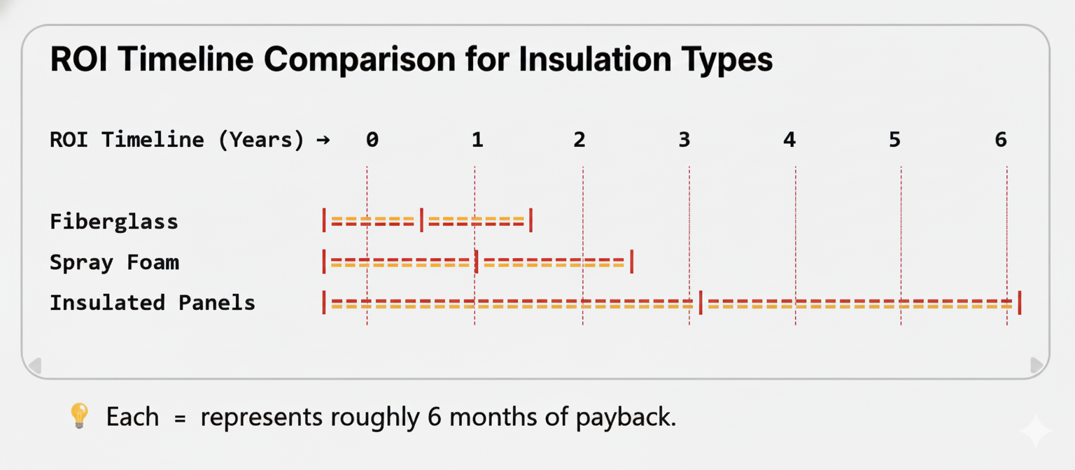 Chart comparing the Return on Investment (ROI) timelines for three insulation types: Fiberglass (1.5 years), Spray Foam (2.5 years), and Insulated Panels (6 years).