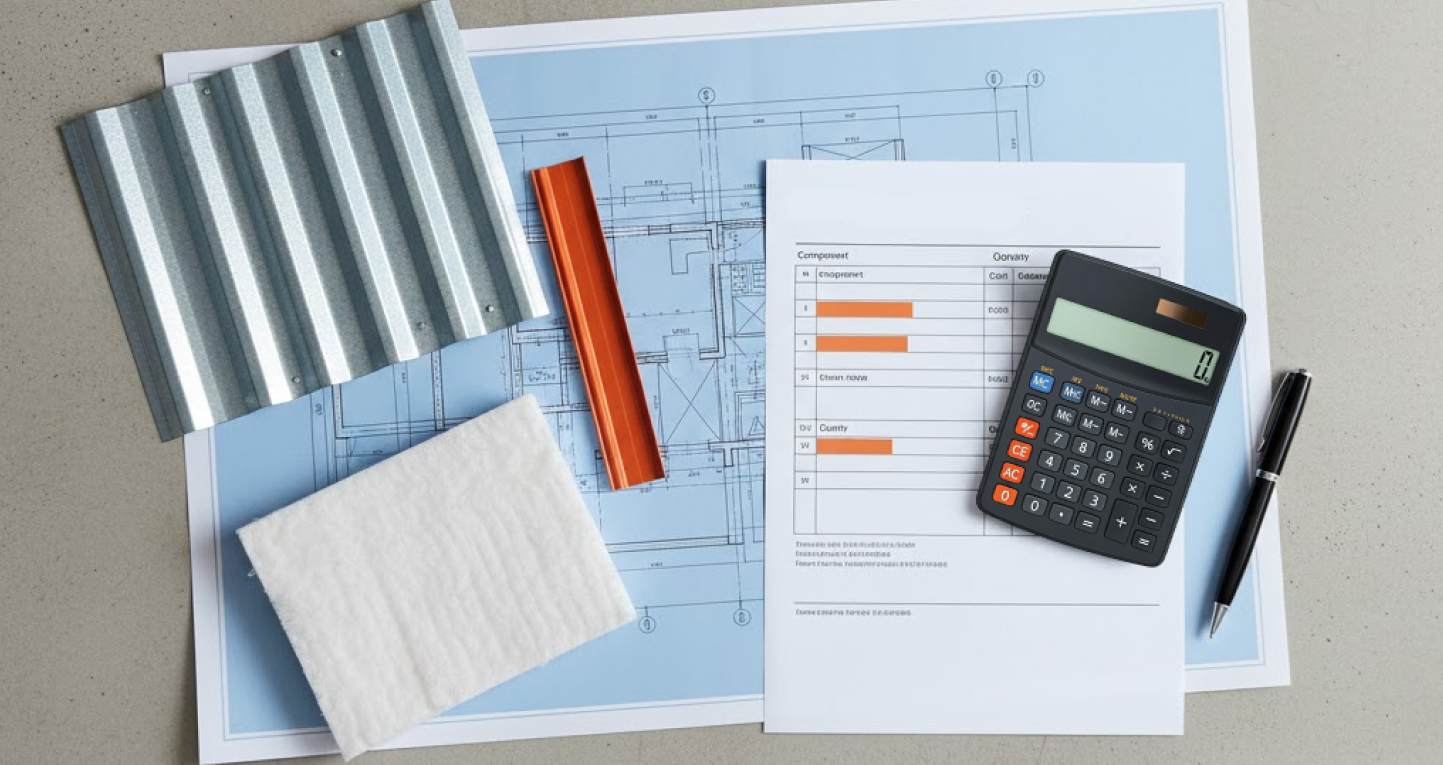 Metal building quote materials laid out on blueprints, including panel samples, trim, insulation, a calculator, and a parts list used to prepare an itemized quote.