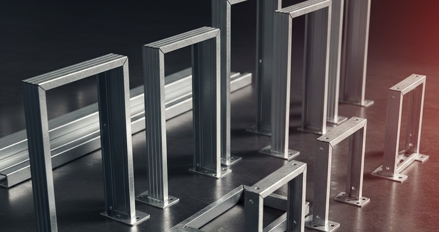 Assorted metal frames and brackets used as steel building accessories, arranged on a dark surface to show different sizes and configurations.