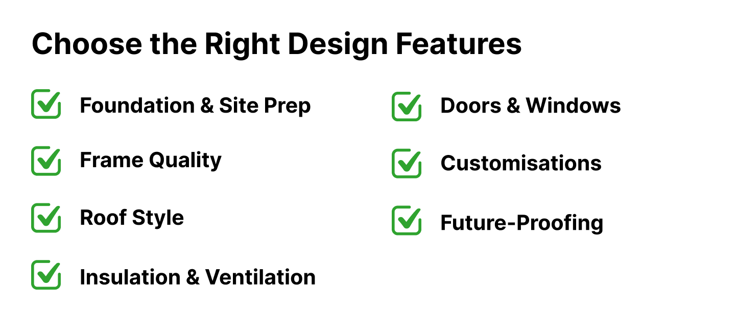 Checklist graphic showing key design features to consider for a metal garage kit, including foundation and site prep, frame quality, roof style, insulation and ventilation, doors and windows, customisations, and future-proofing.