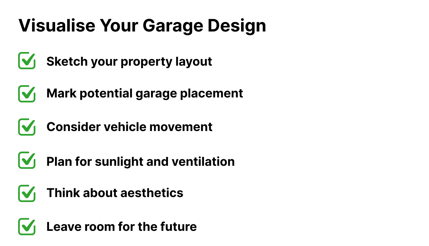 Checklist graphic showing steps to visualise your garage design, including sketching your property layout, marking garage placement, considering vehicle movement, planning for sunlight and ventilation, thinking about aesthetics, and leaving room for future expansion.