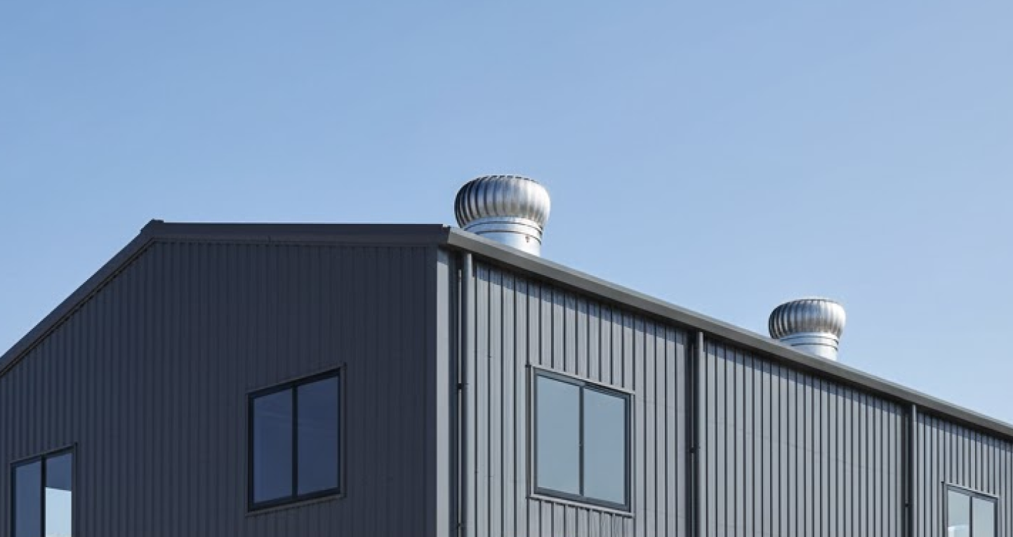 Exterior of a metal building with turbine vents installed on the roof, showcasing steel building accessories that improve ventilation and airflow.