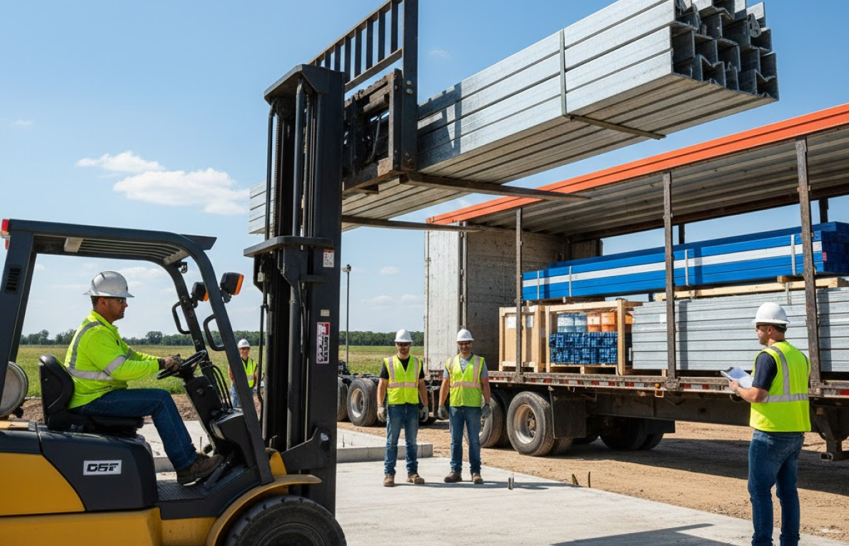 Crew using a forklift to unload steel building components from a flatbed truck at a job site, demonstrating the equipment needed to offload a metal building kit.