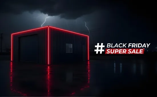 Dark nighttime scene featuring a steel building outlined with bright red LED lights, reflecting on a wet surface, with lightning in the sky and a ‘Black Friday Super Sale’ banner displayed beside it.