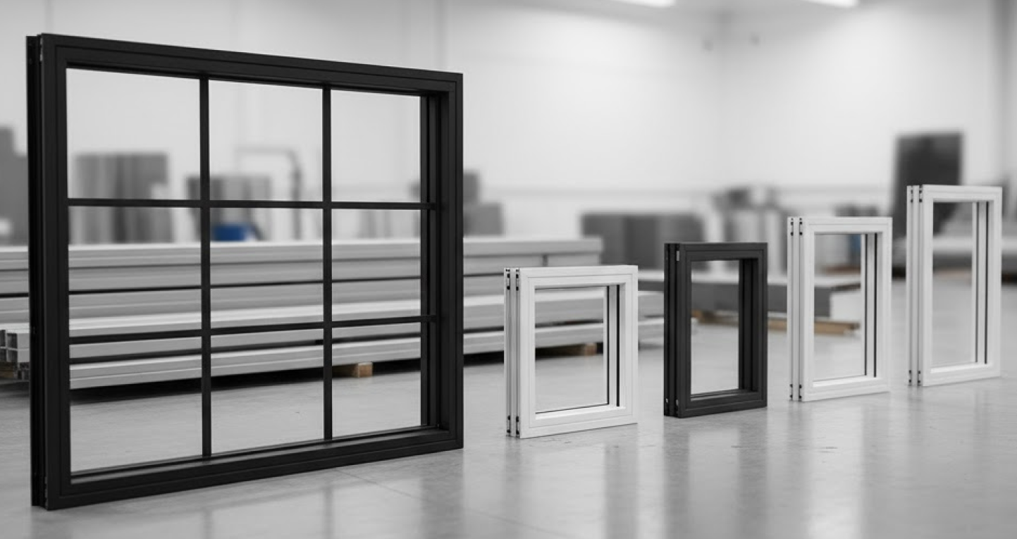 Assorted metal window frames in different sizes and finishes, displayed in a workshop to showcase steel building accessories used for structural openings.