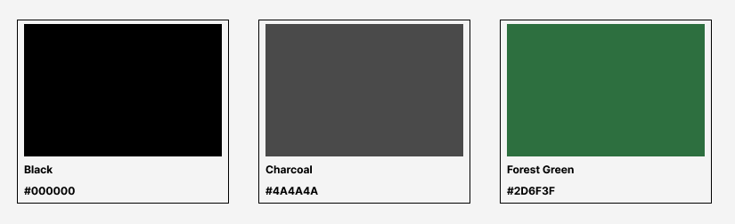 Metal building color swatches featuring Black (#000000), Charcoal (#4A4A4A), and Forest Green (#2D6F3F) for bold and earthy exterior palettes.