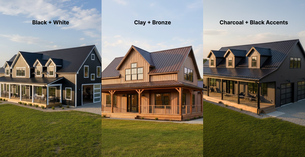 Three modern homes showcasing popular metal building colors: Black and White, Clay and Bronze, Charcoal with Black Accents.