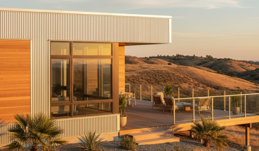 Modern home with corrugated metal and natural wood siding, featuring warm-toned metal building colors in a desert hillside setting at sunset.