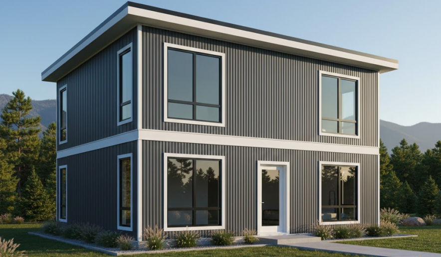 Modern two-story metal home with vertical dark gray siding and white trim, showcasing clean and contemporary metal building colors.
