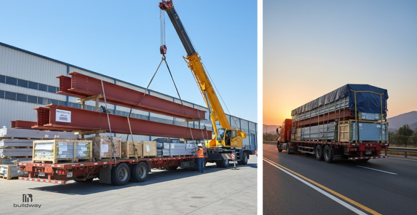 Steel building components being loaded onto flatbed trucks with a crane at a warehouse, followed by a truck transporting packaged steel materials on a highway at sunset.