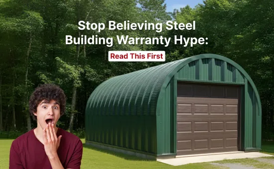 Steel building warranty explained with a green steel garage showing a 50-year rust warranty badge and a surprised homeowner, highlighting misconceptions about long-term steel building warranties.