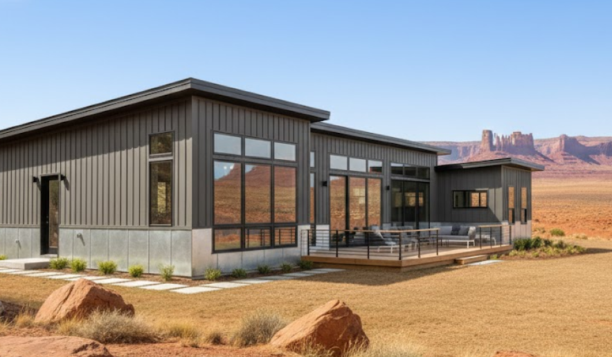 Modern desert home with dark gray vertical metal siding and large windows, showcasing contemporary and durable metal building colors in an arid landscape.