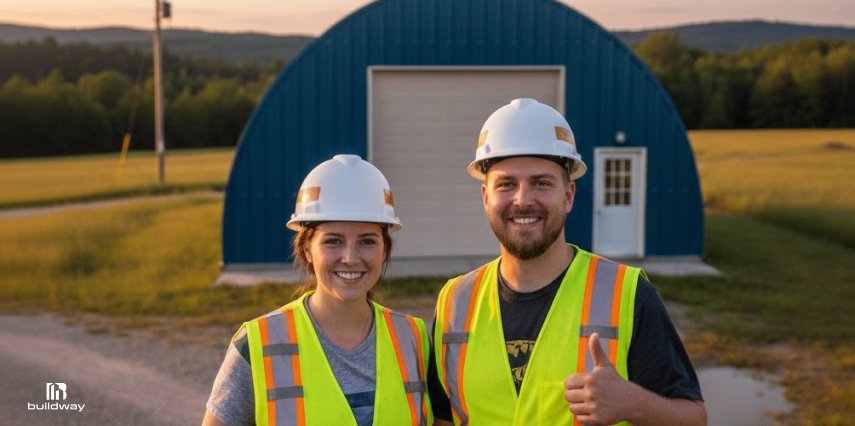 Two construction workers wearing hard hats and safety vests standing in front of a completed steel building.