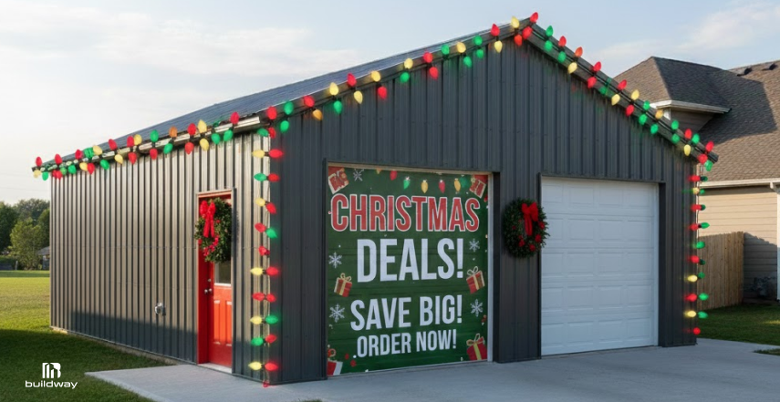 Construction workers in safety gear assembling a steel building structure, installing wall panels and roof framing at an active job site using a scissor lift.