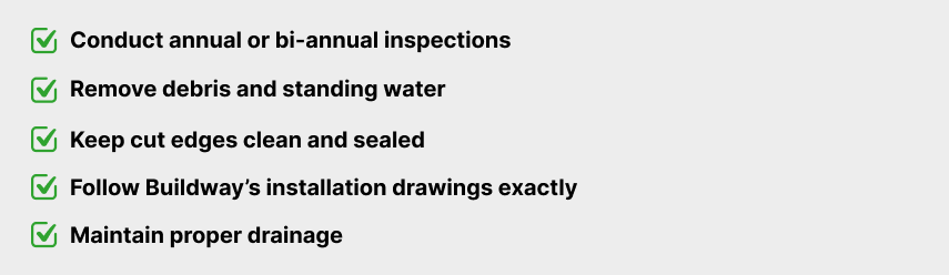 Checklist outlining maintenance requirements, including inspections, debris removal, sealed cut edges, proper installation, and adequate drainage.