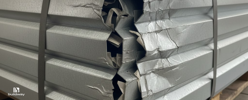 Crushed and bent steel panels showing severe deformation from improper handling or shipping damage.
