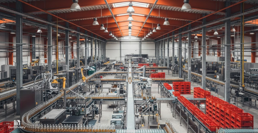 Interior of a large steel manufacturing facility with high ceilings, overhead lighting, automated conveyor systems, industrial machinery, and stacked pallets arranged across the factory floor.