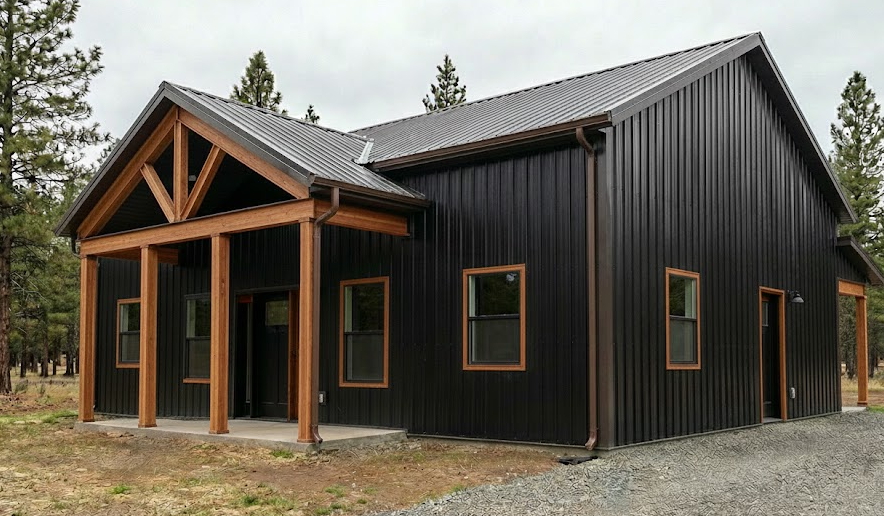 Black metal building with wood trim and gable accents, showcasing a bold and rustic metal building color combination in a forested setting.