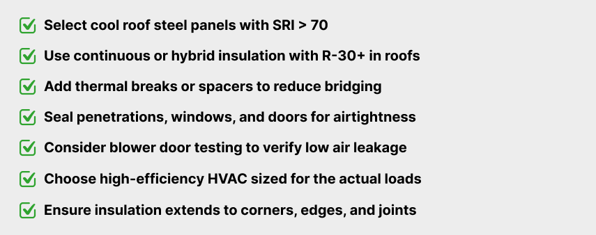 Checklist of practical energy efficiency tips for steel buildings, including cool roof panels, high-R insulation, thermal breaks, airtight sealing, blower door testing, and efficient HVAC selection.