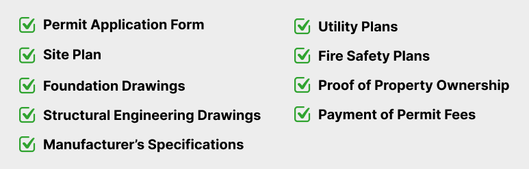 Checklist of required documents for steel building permits, including application form, site plan, structural drawings, utility plans, fire safety plans, ownership proof, and permit fees.
