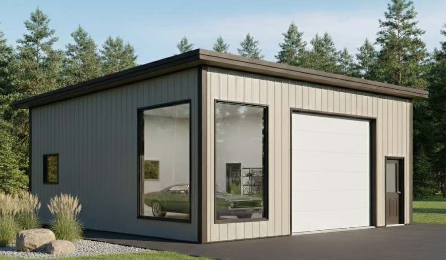 Modern metal garage with light beige siding, white overhead door, and dark trim, showcasing clean and neutral metal building colors in a wooded setting.