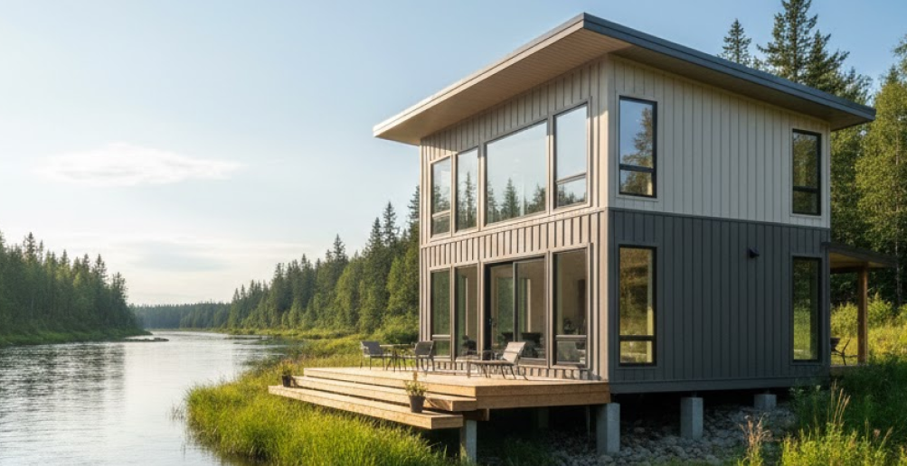 Two-tone modern metal home by the river with light upper siding and dark lower panels, featuring contrasting metal building colors in a serene natural setting.