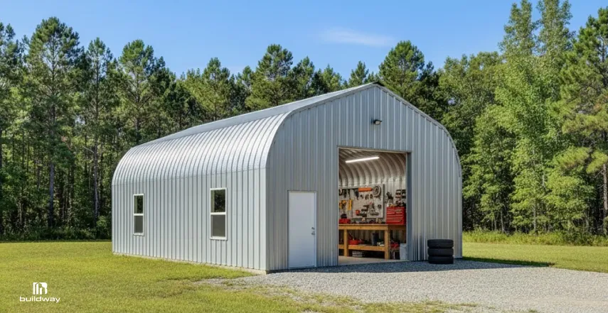 Steel workshop building with a curved metal roof, side entry door, front opening, and visible workbench and tools inside, set on a gravel pad near a wooded area.